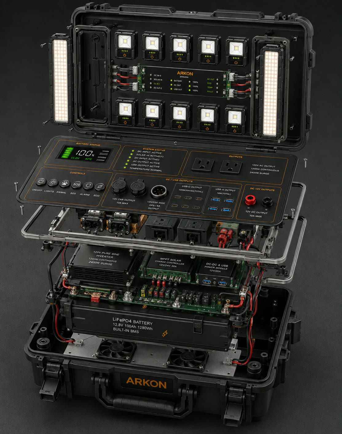 Exploded view of the ARKON Expedition system and its included components