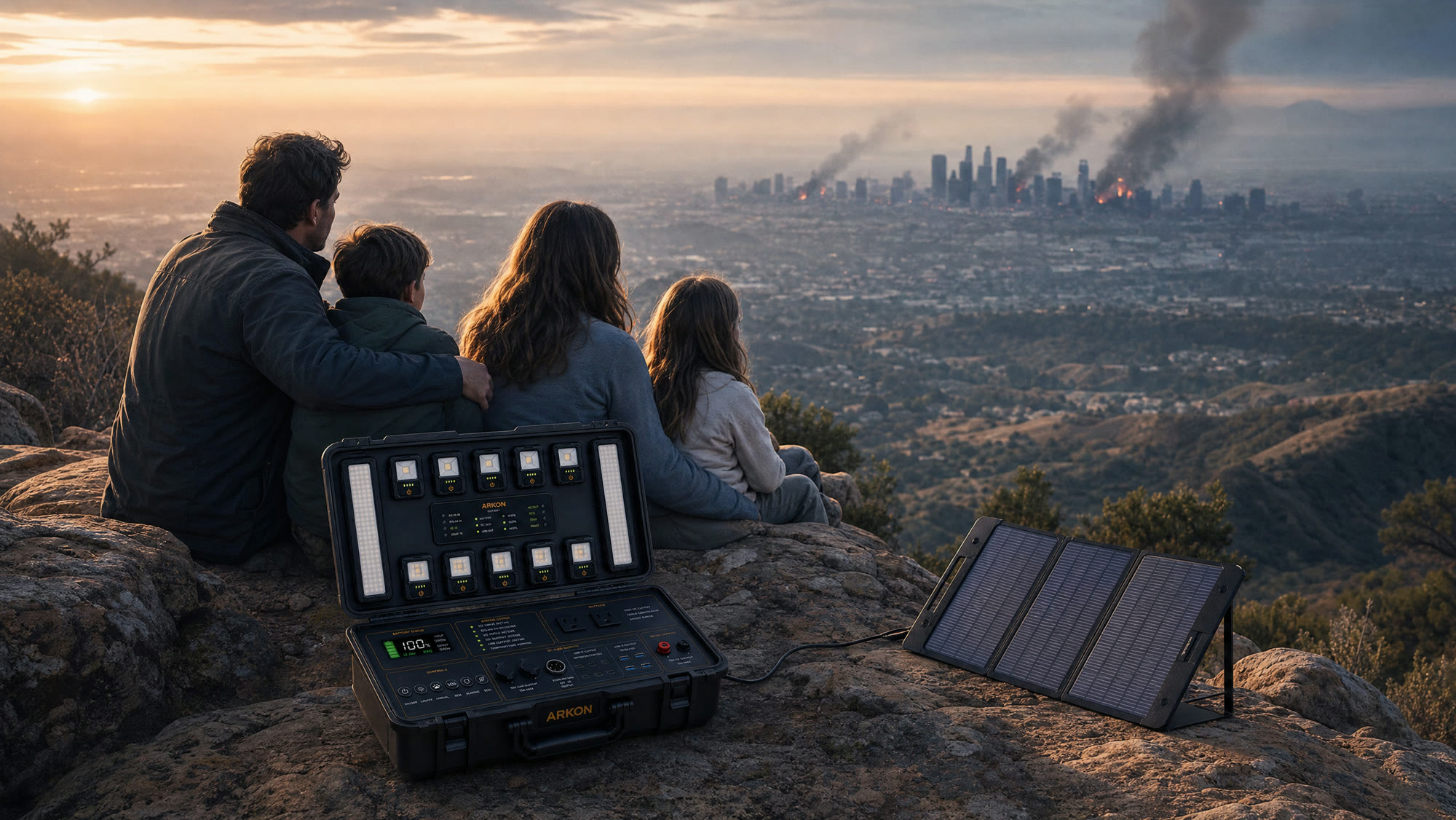 Family on a mountain ridge with ARKON and a folding solar panel