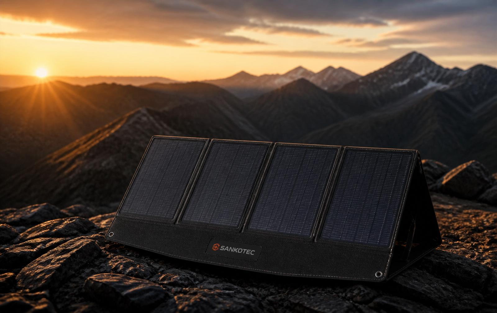 Portable solar panel deployed on a rocky ridge at golden hour
